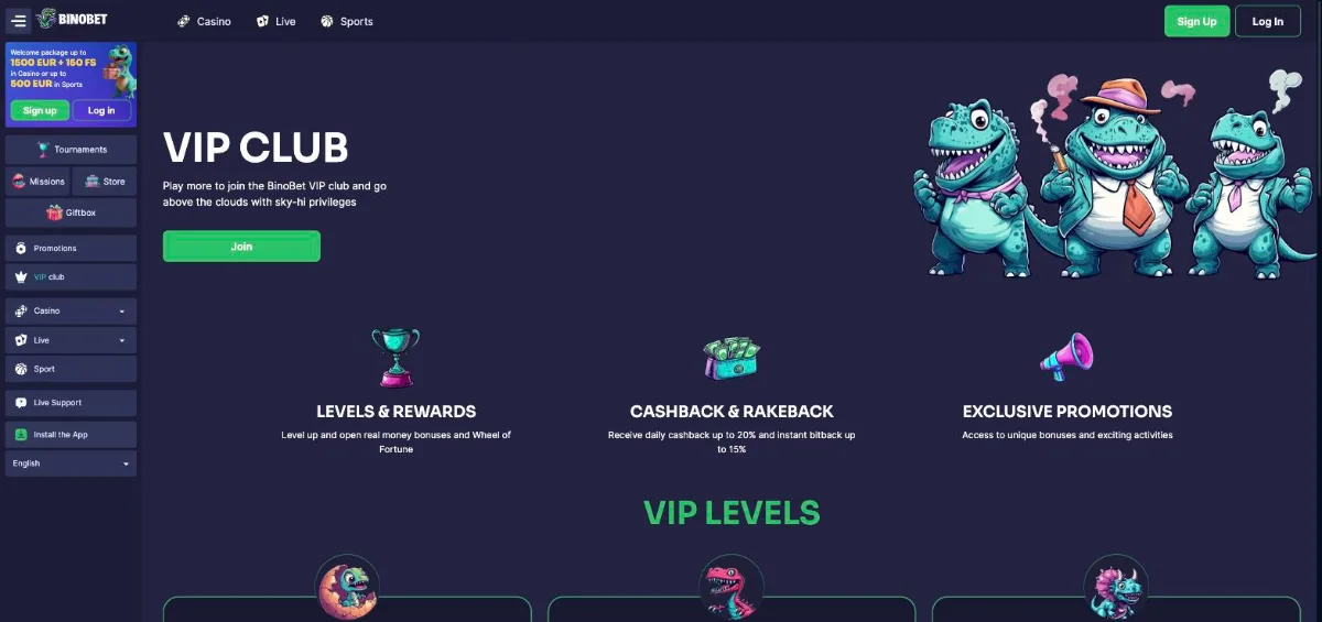 BinoBet VIP club page with levels, daily cashback up to 20% and rakeback up to 15%