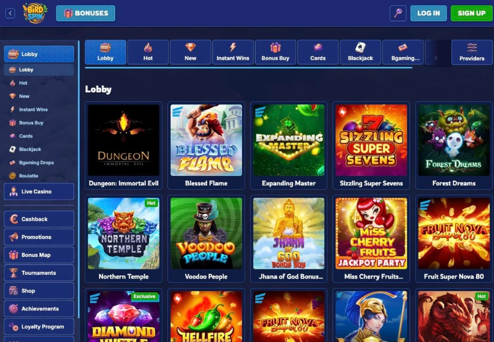 BirdSpin game lobby with the category menu and slots like Dungeon Immortal Evil and Sizzling Super Sevens
