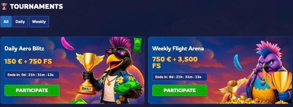BirdSpin tournaments page with the Daily Aero Blitz and the Weekly Flight Arena