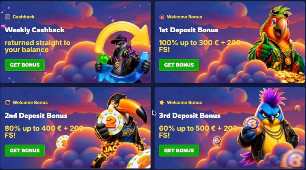 Welcome bonus cards at BirdSpin: 100% up to €300, 80% up to €400 and 60% up to €500, each with 200 free spins