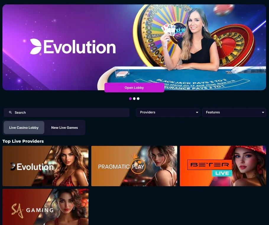 Blockspins Casino live dealer lobby with Evolution, Pragmatic Play Live, BetER Live and SA Gaming