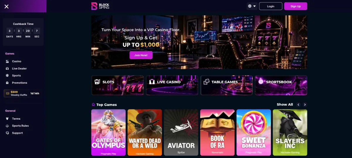 Blockspins Casino front page with the welcome offer, the cashback countdown and tiles for slots, live casino, table games and sportsbook