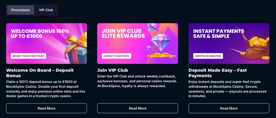 Blockspins Casino promotions page with the 100% welcome bonus up to 1,000 euros, the VIP Club and fast crypto payments