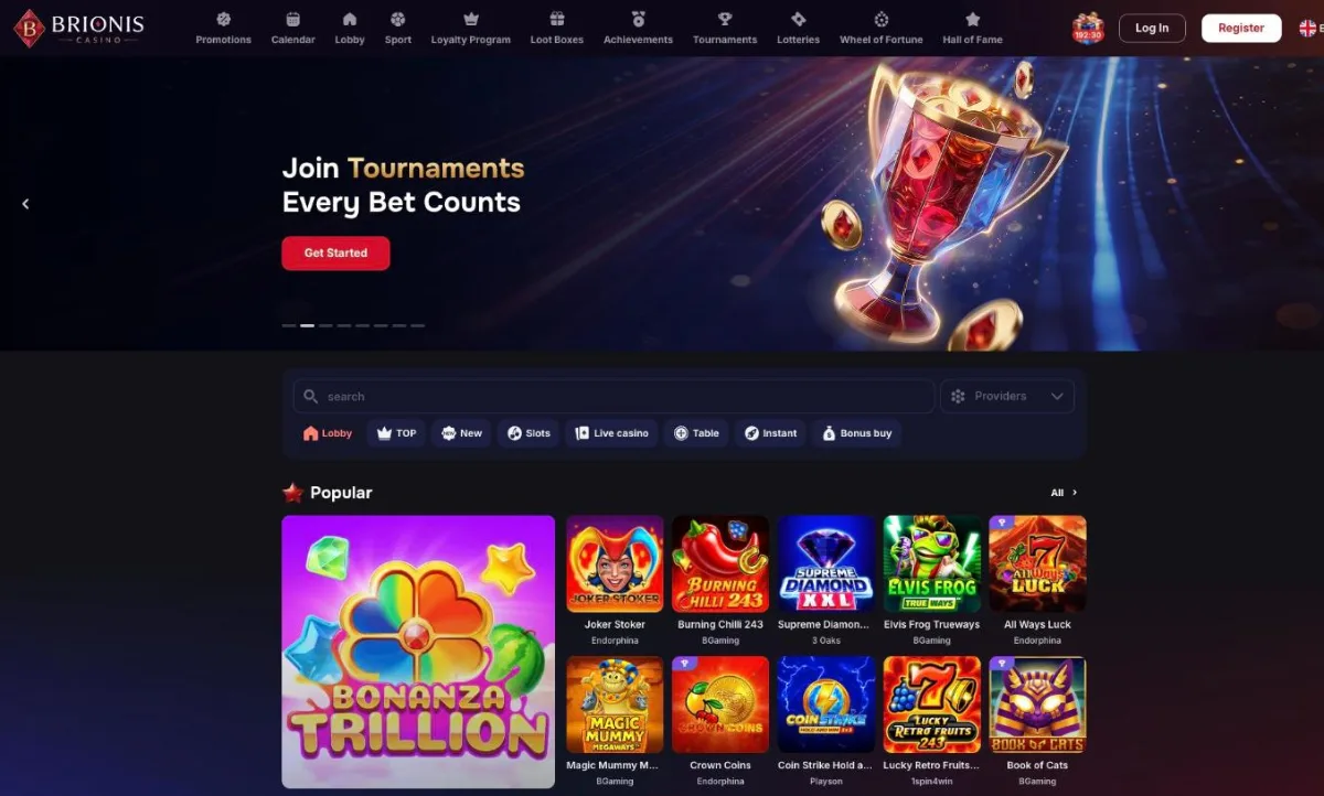 Brionis Casino lobby with the top menu, game tabs and the Popular slots row