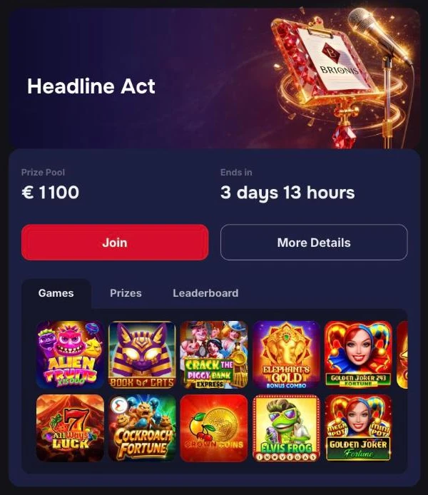 Brionis tournament card for Headline Act with a €1,100 prize pool and the eligible slots