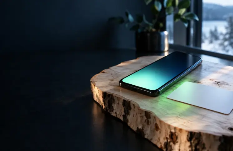 Brite casinos header: a smartphone and a white bank card on light birch wood with a green glow