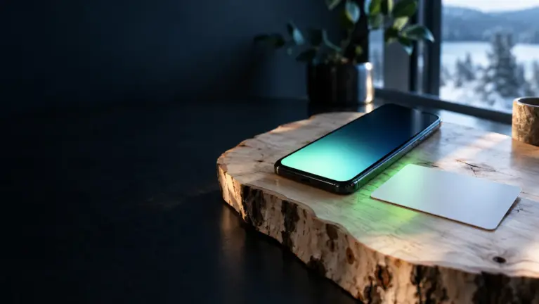 Brite casinos header: a smartphone and a white bank card on light birch wood with a green glow