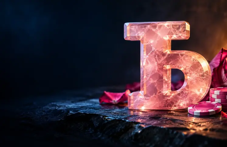 Rose quartz Cyrillic letter Ъ on slate with rose petals and casino chips
