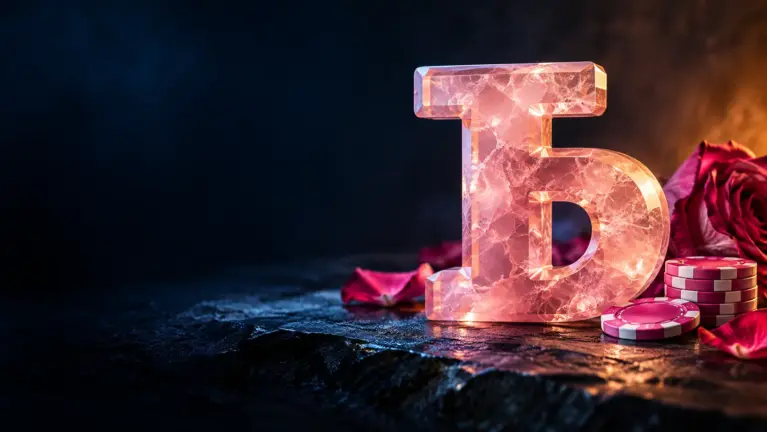 Rose quartz Cyrillic letter Ъ on slate with rose petals and casino chips