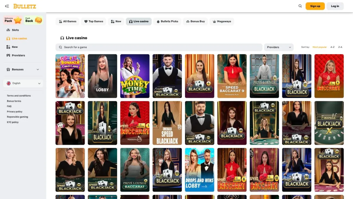 Bulletz live casino lobby with Pragmatic Play Live game shows and tables