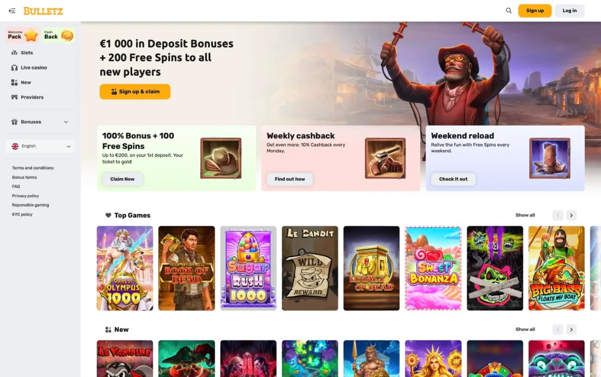 Bulletz Casino lobby with the Wild West welcome banner, weekly cashback and weekend reload offers