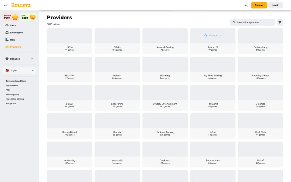 Bulletz providers page listing 38 studios with game counts, from 155.io and 3Oaks to Games Global