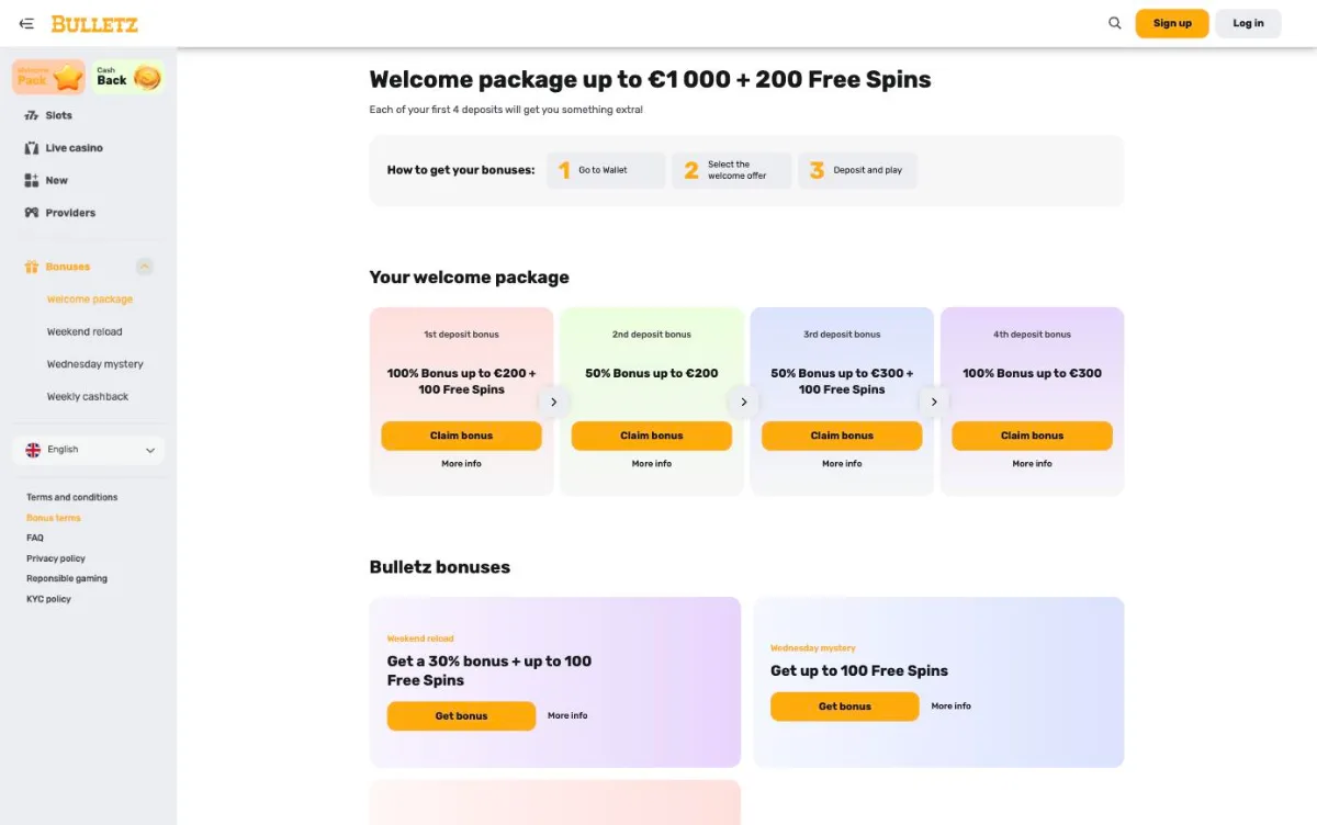 Bulletz Casino welcome package page with four deposit bonuses worth up to €1,000 and 200 free spins