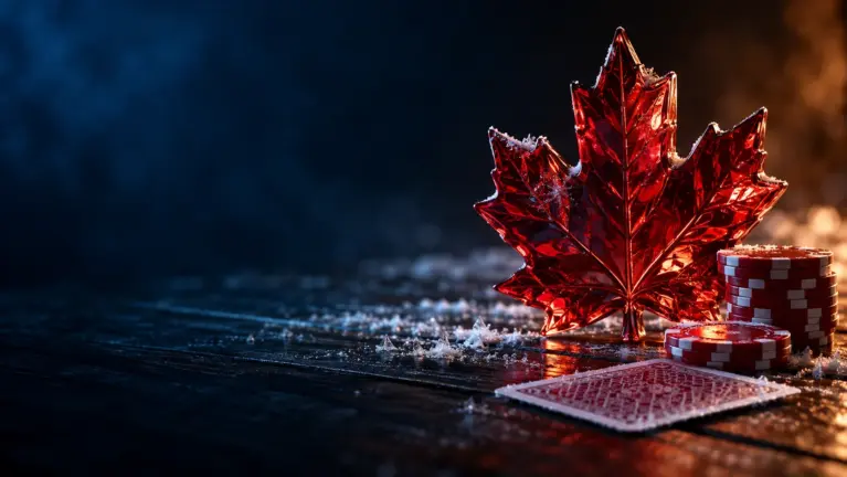 Red glass maple leaf with casino chips, Canadian English casinos