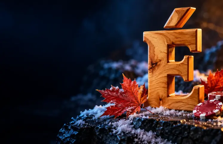 Maple wood letter É with red maple leaves and casino chips on snowy slate