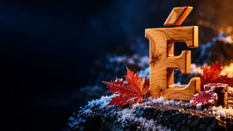 Maple wood letter É with red maple leaves and casino chips on snowy slate