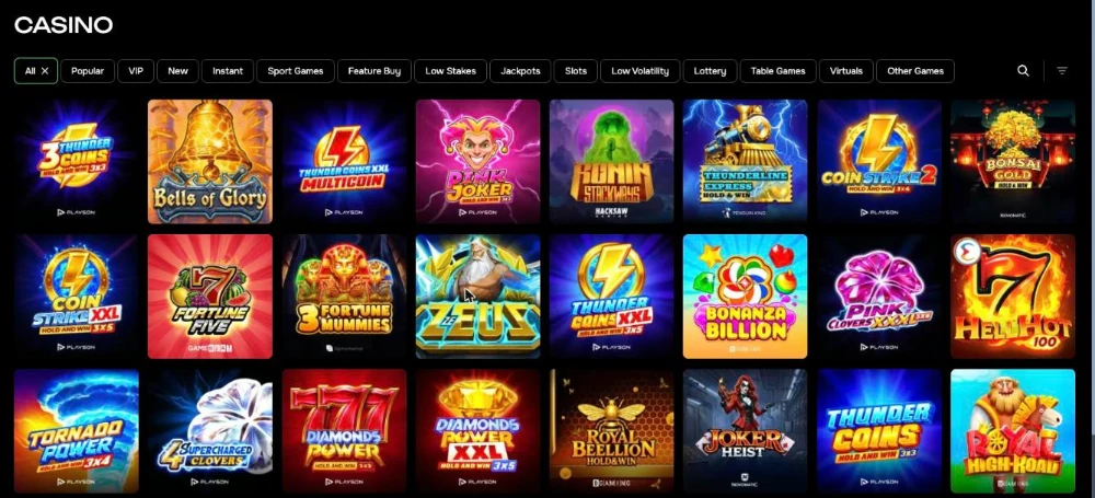 Casho.bet casino lobby with slot tiles and category filters