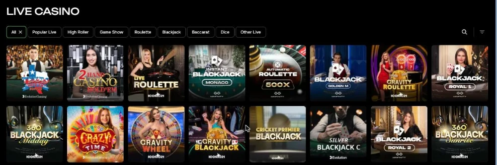 Casho.bet live casino lobby with blackjack, roulette and game show tables