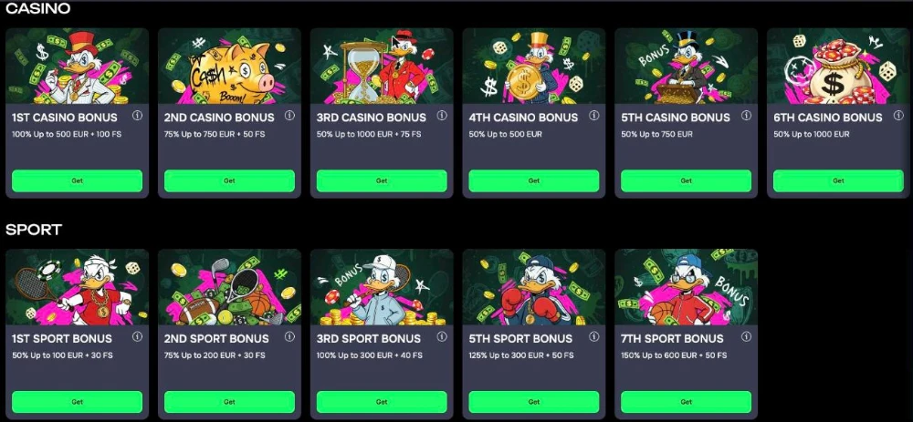 Casho.bet promotions page with casino and sport welcome bonus cards