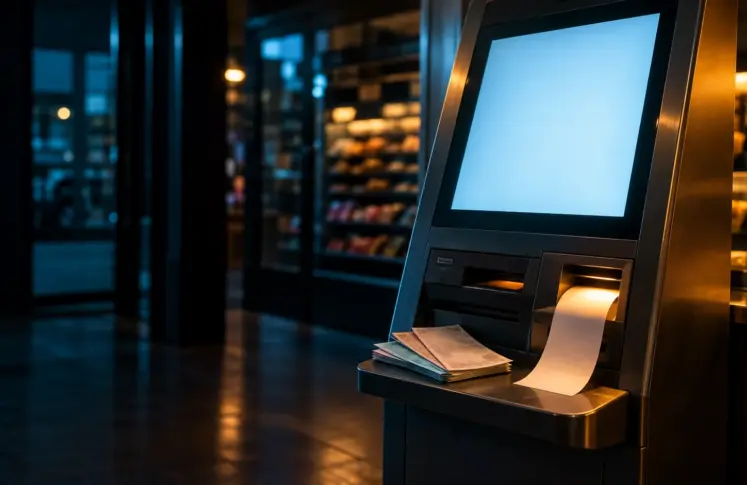 Cashterminal casinos header: a self-service payment kiosk with a blank screen, banknotes and a receipt in a dim shop