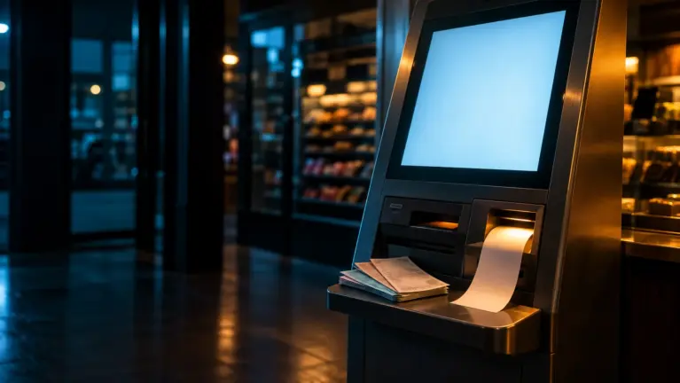 Cashterminal casinos header: a self-service payment kiosk with a blank screen, banknotes and a receipt in a dim shop
