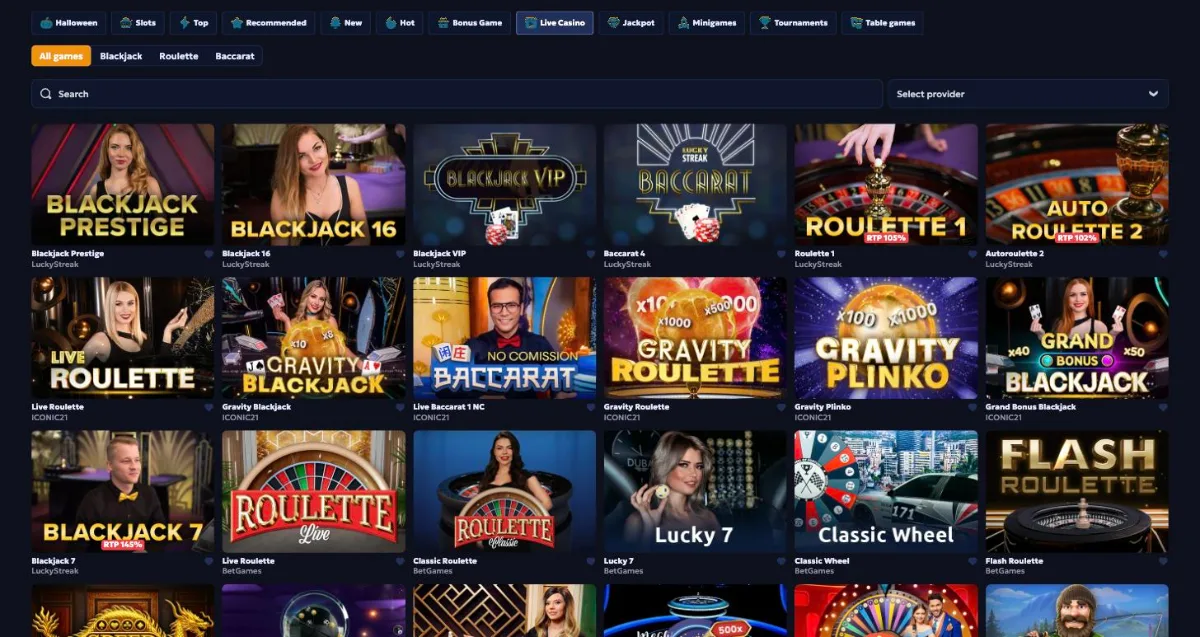 Casperbets Casino live casino lobby with LuckyStreak, ICONIC21 and BetGames tables