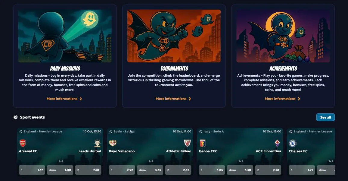 Casperbets Casino homepage with daily missions, tournaments, achievements and upcoming football odds