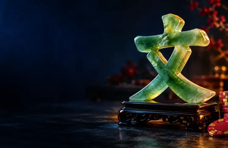 Green jade Chinese character 文 on a black lacquer stand with casino chips