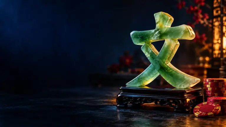 Green jade Chinese character 文 on a black lacquer stand with casino chips