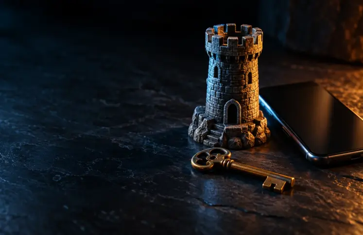 Citadel casinos header: small stone castle tower beside a smartphone and an old brass key on slate