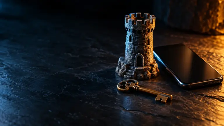 Citadel casinos header: small stone castle tower beside a smartphone and an old brass key on slate