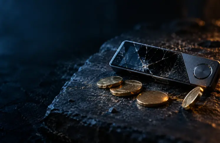 Cubits casinos header: a cracked hardware wallet and gold coins on dark slate
