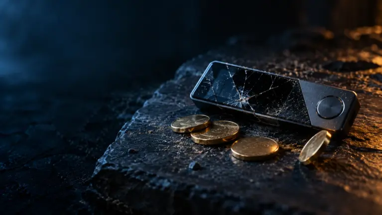 Cubits casinos header: a cracked hardware wallet and gold coins on dark slate