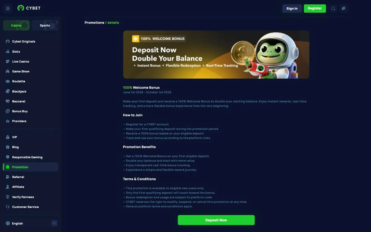 Cybet 100% Welcome Bonus promotion page with the June to October 2026 campaign dates