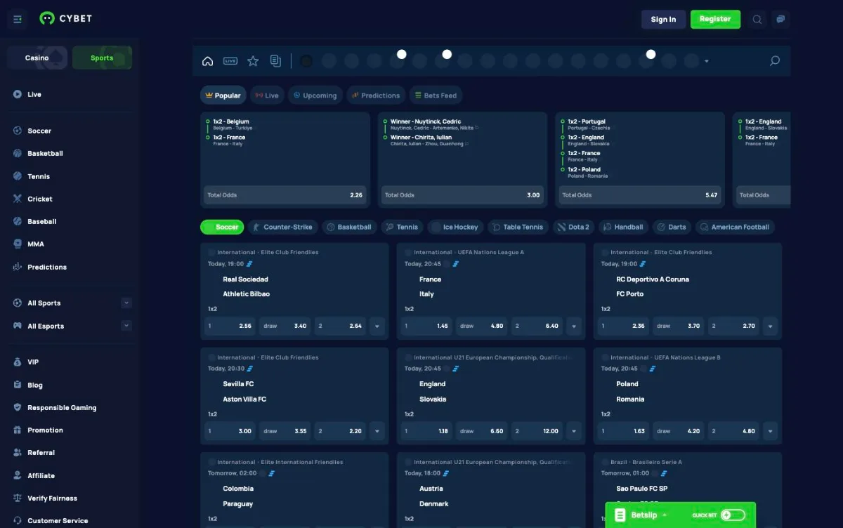 Cybet sportsbook with football fixtures, popular accumulators and esports tabs such as Counter-Strike and Dota 2