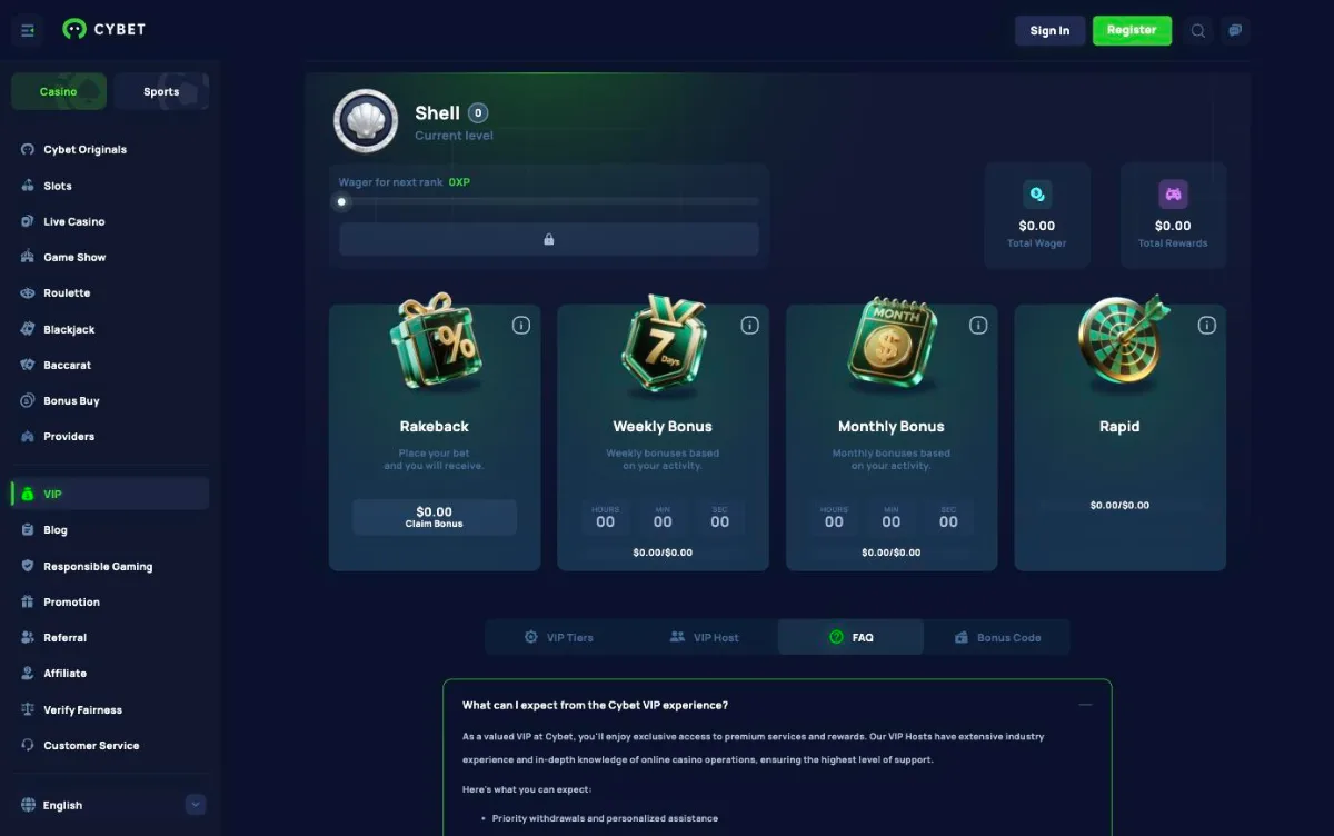 Cybet VIP page with rakeback, weekly bonus, monthly bonus and the VIP Host tab