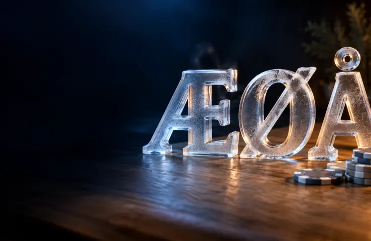 Frosted glass letters Æ, Ø and Å on oak with casino chips