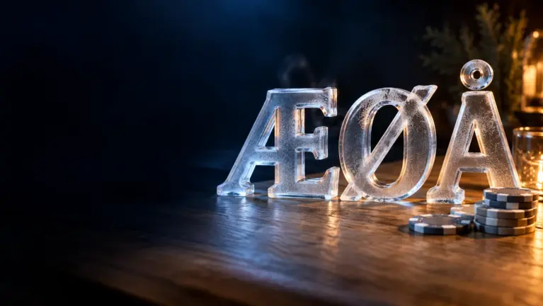 Frosted glass letters Æ, Ø and Å on oak with casino chips