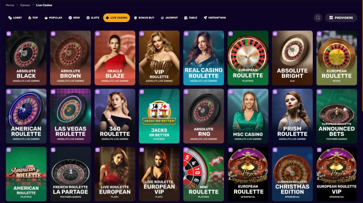 Dazard Casino live casino lobby with roulette tables from Absolute Live Gaming, Platipus and Tom Horn