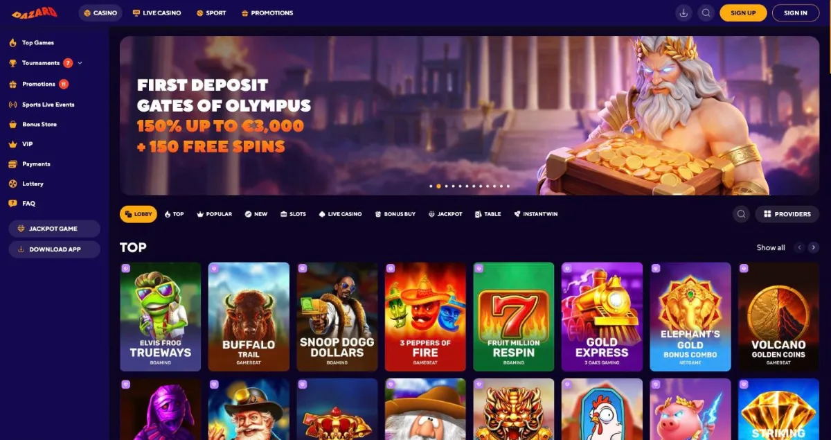 Dazard Casino lobby with the first deposit banner and the Top slots row