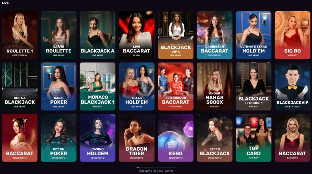 Drakaris live casino lobby with roulette, blackjack, baccarat and poker tables from Live Vegas, Winfinity and Vivo Gaming