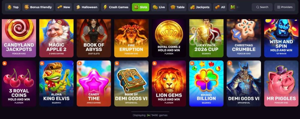 Drakaris slots lobby with category filters and a counter showing 9,490 slots