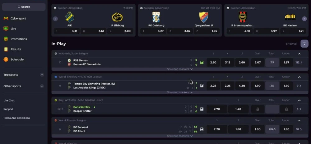 Drakaris sportsbook with Allsvenskan matches and in-play betting markets