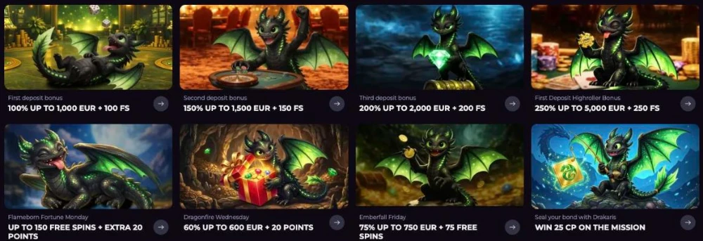 Drakaris promotions page with the three welcome deposit bonuses, highroller bonus and weekly reloads