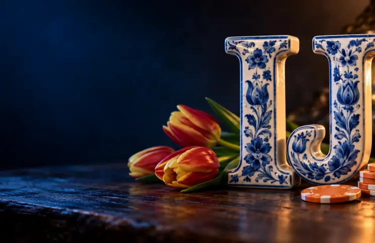 Delft blue porcelain IJ letters on a wooden table with tulips and casino chips
