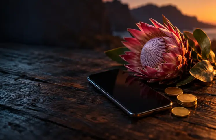 EasyEFT casinos header: smartphone next to a pink king protea and gold coins on rustic wood