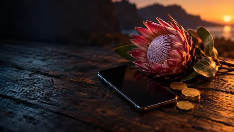 EasyEFT casinos header: smartphone next to a pink king protea and gold coins on rustic wood