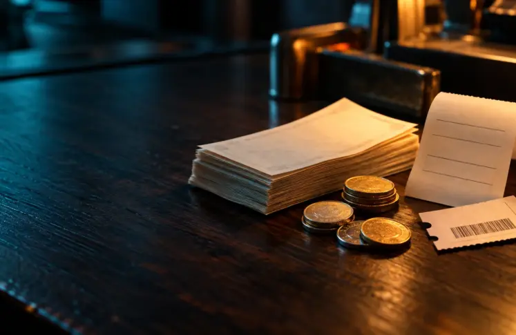 EasyPay casinos header: paper slips, coins, a blank receipt and a ticket stub on a wooden payment counter