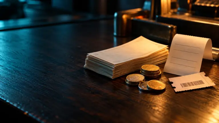EasyPay casinos header: paper slips, coins, a blank receipt and a ticket stub on a wooden payment counter