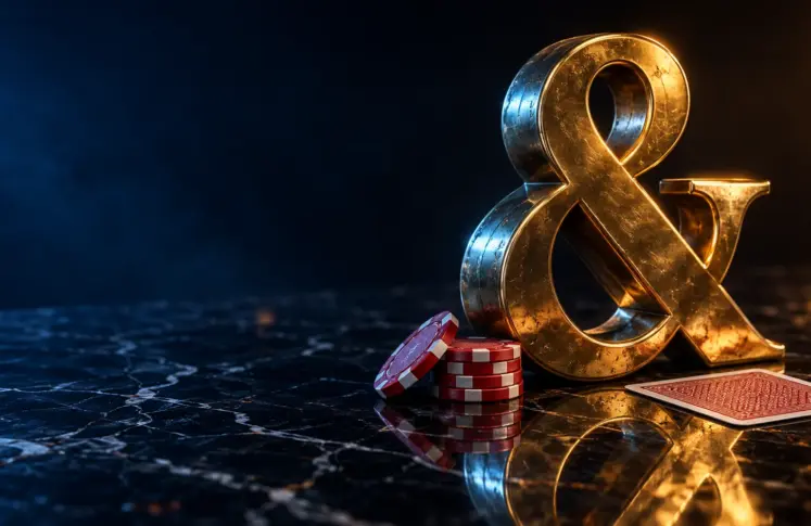 Polished brass ampersand with red and white casino chips and a playing card on black marble, header for English language online casinos